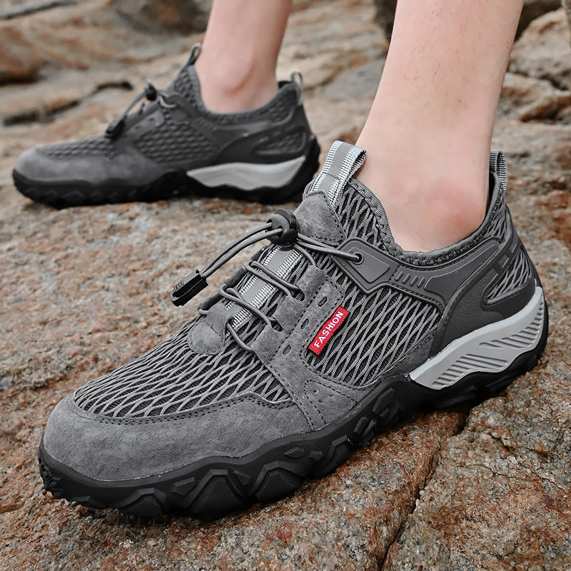 Men's Summer Leather Breathable Outdoor Sports Casual Shoes Non-slip Soft-soled Mesh Surface Hiking Shoes